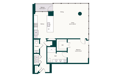 Floor plan for 1 bed, 1.5 baths, 1126 sqft